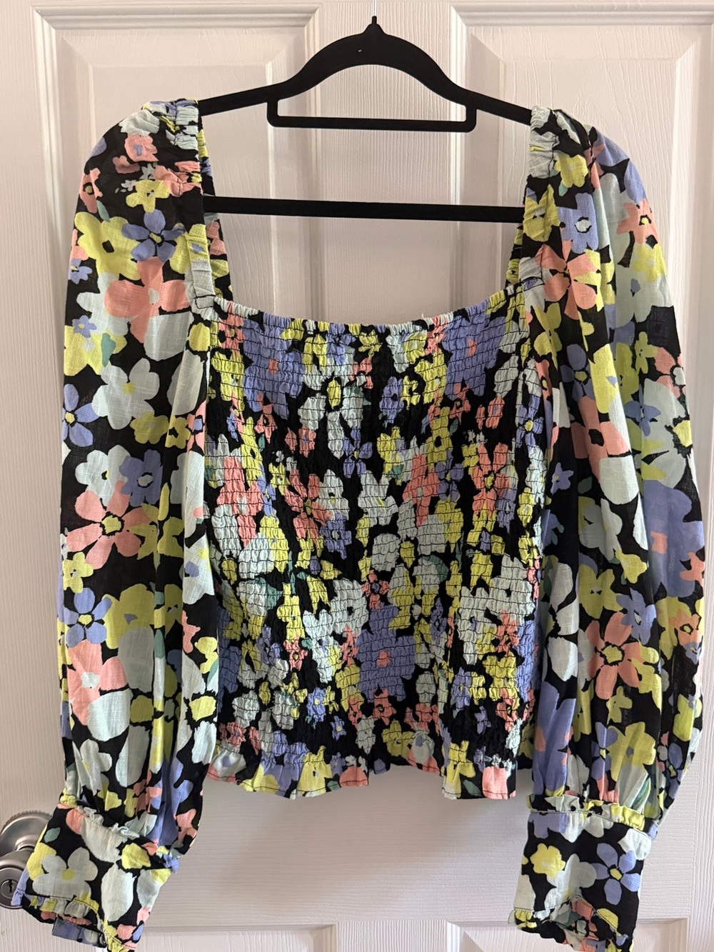Free People Floral Smocked Crop Top Balloon Sleeve Blouse Medium